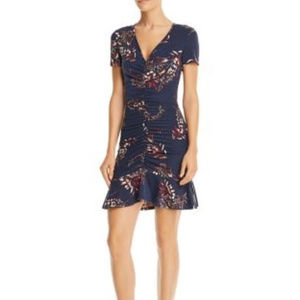 Navy Ruched Botanical Print Dress